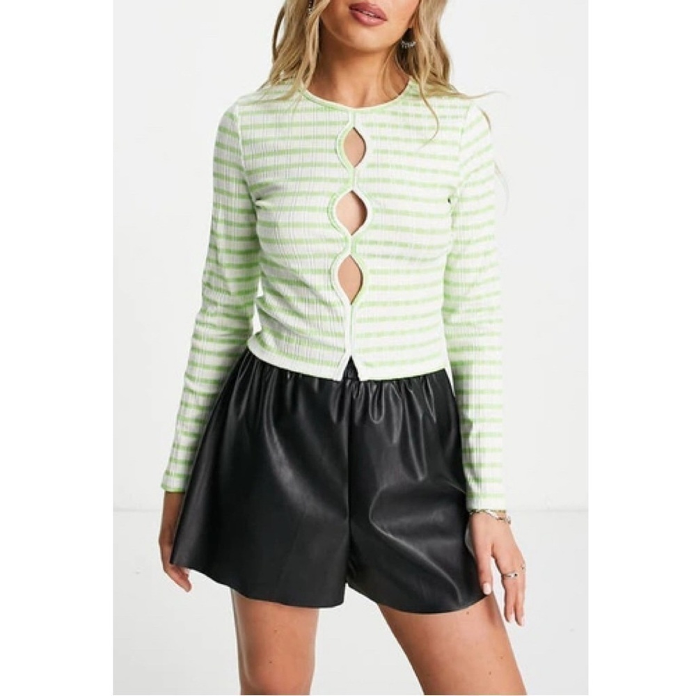 NEW Topshop Rib Stripe Front Cutout Long Sleeve Crop Top Multi Green & White